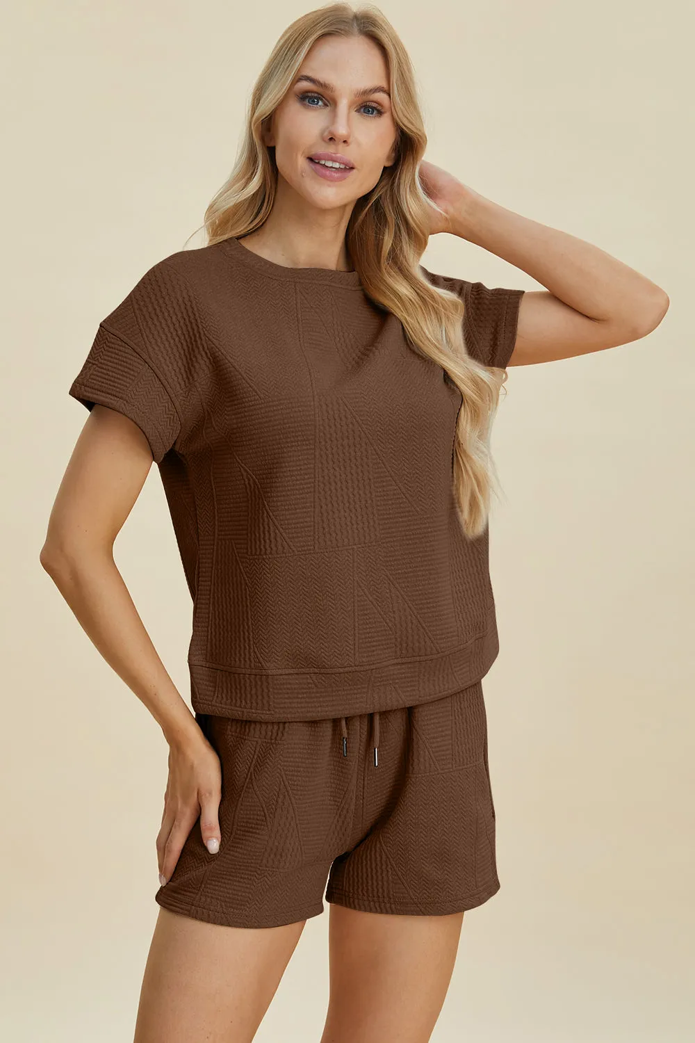 Cara Full Size Texture Short Sleeve Top and Shorts Set