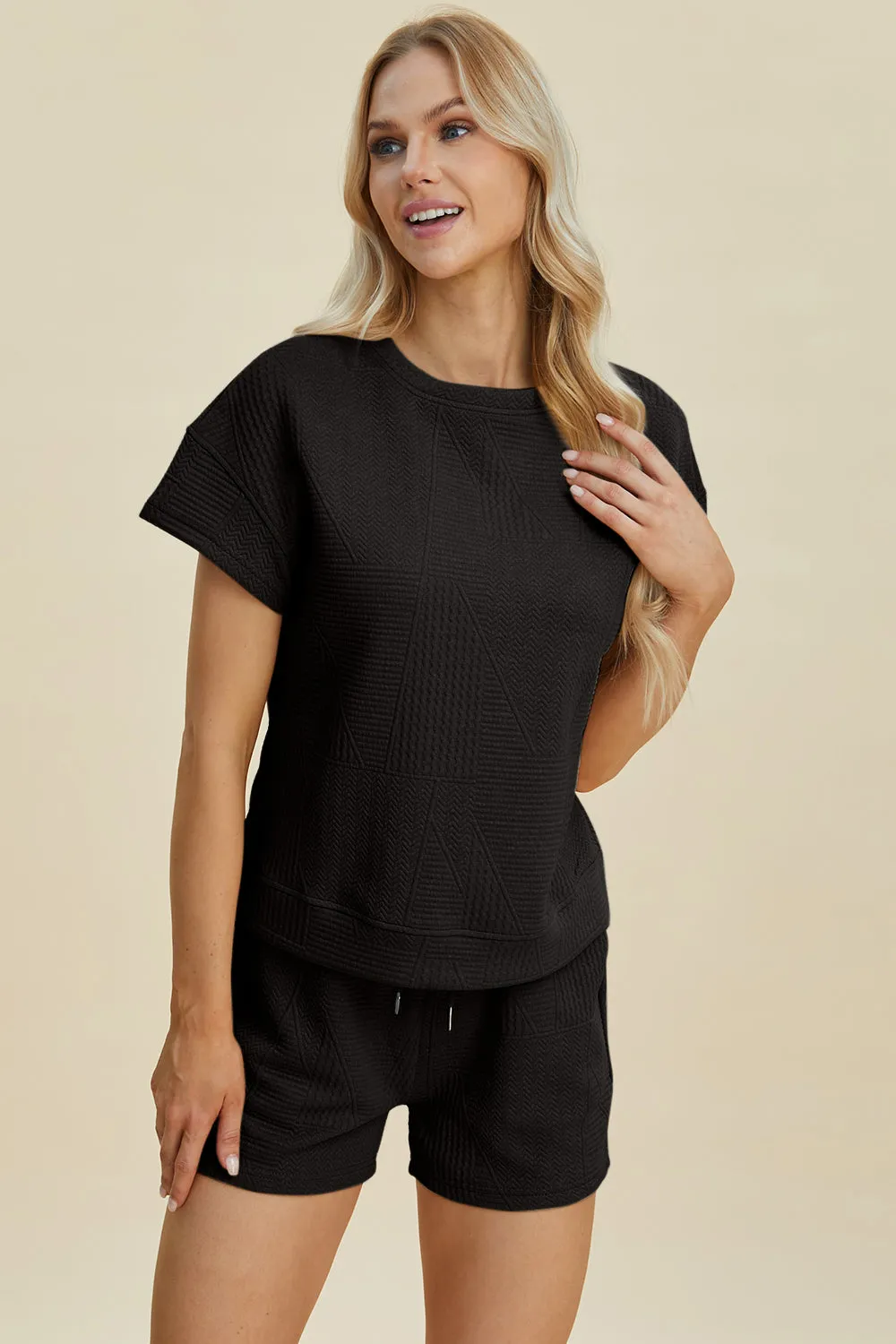 Cara Full Size Texture Short Sleeve Top and Shorts Set