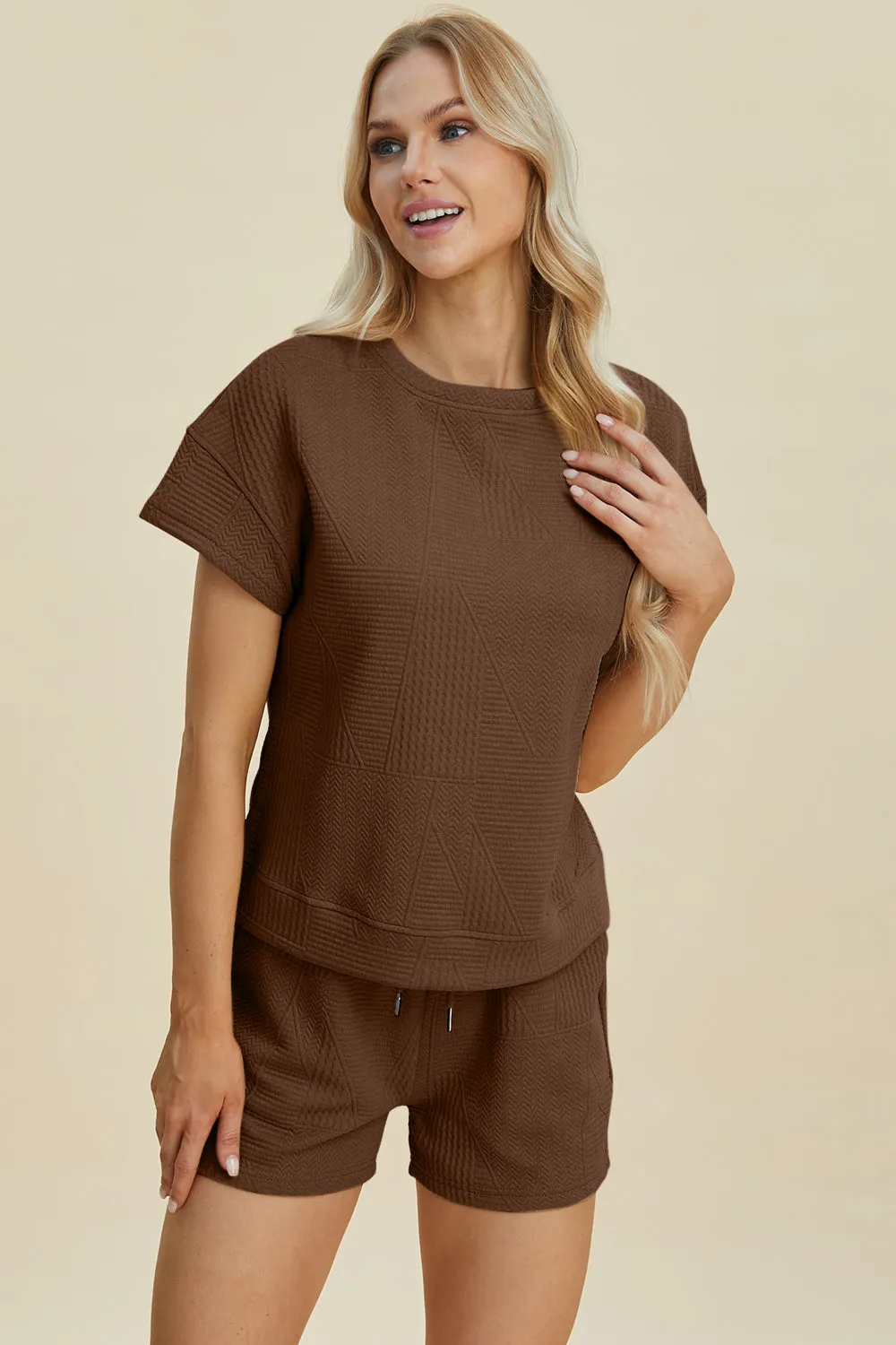 Cara Full Size Texture Short Sleeve Top and Shorts Set