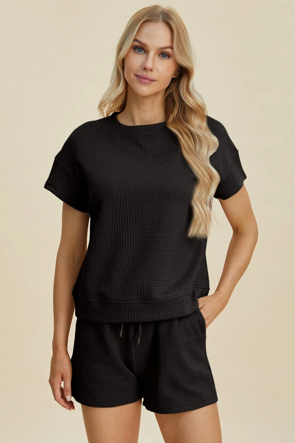 Cara Full Size Texture Short Sleeve Top and Shorts Set