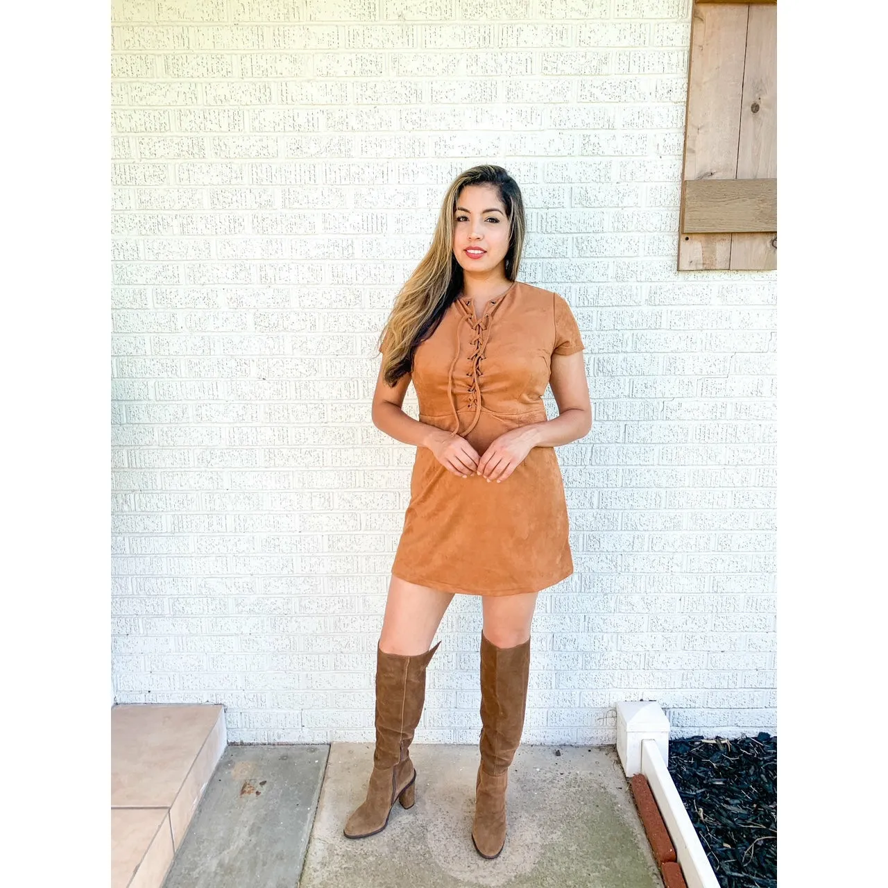 Caramel Sensation Short Sleeve Suede Knit Lace Up Mini Dress - Brown
