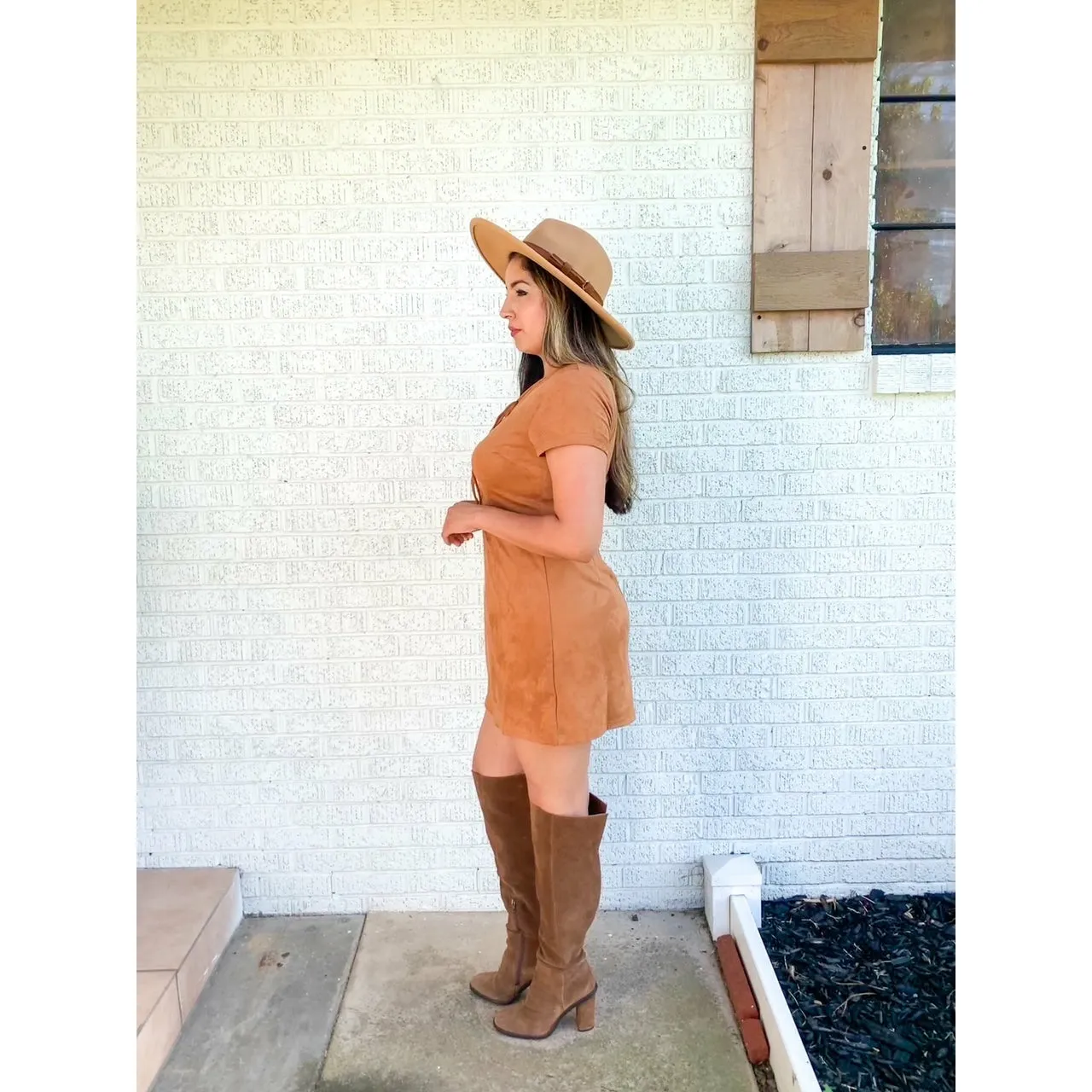Caramel Sensation Short Sleeve Suede Knit Lace Up Mini Dress - Brown