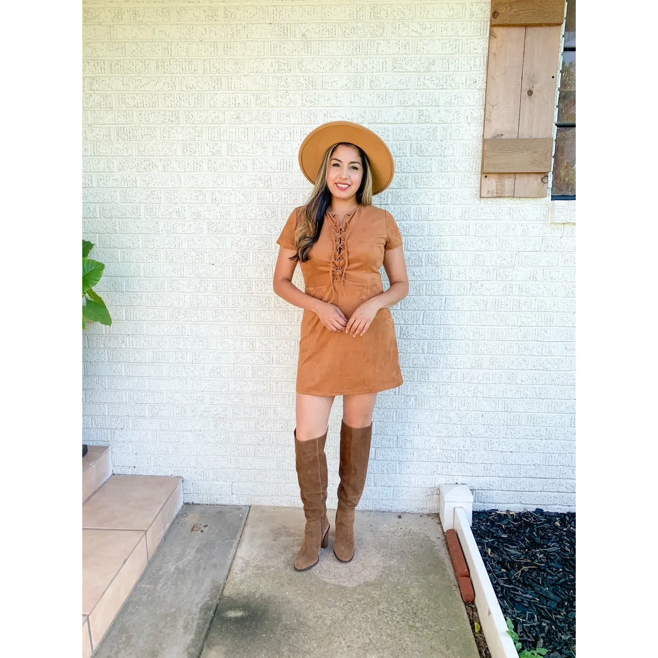 Caramel Sensation Short Sleeve Suede Knit Lace Up Mini Dress - Brown