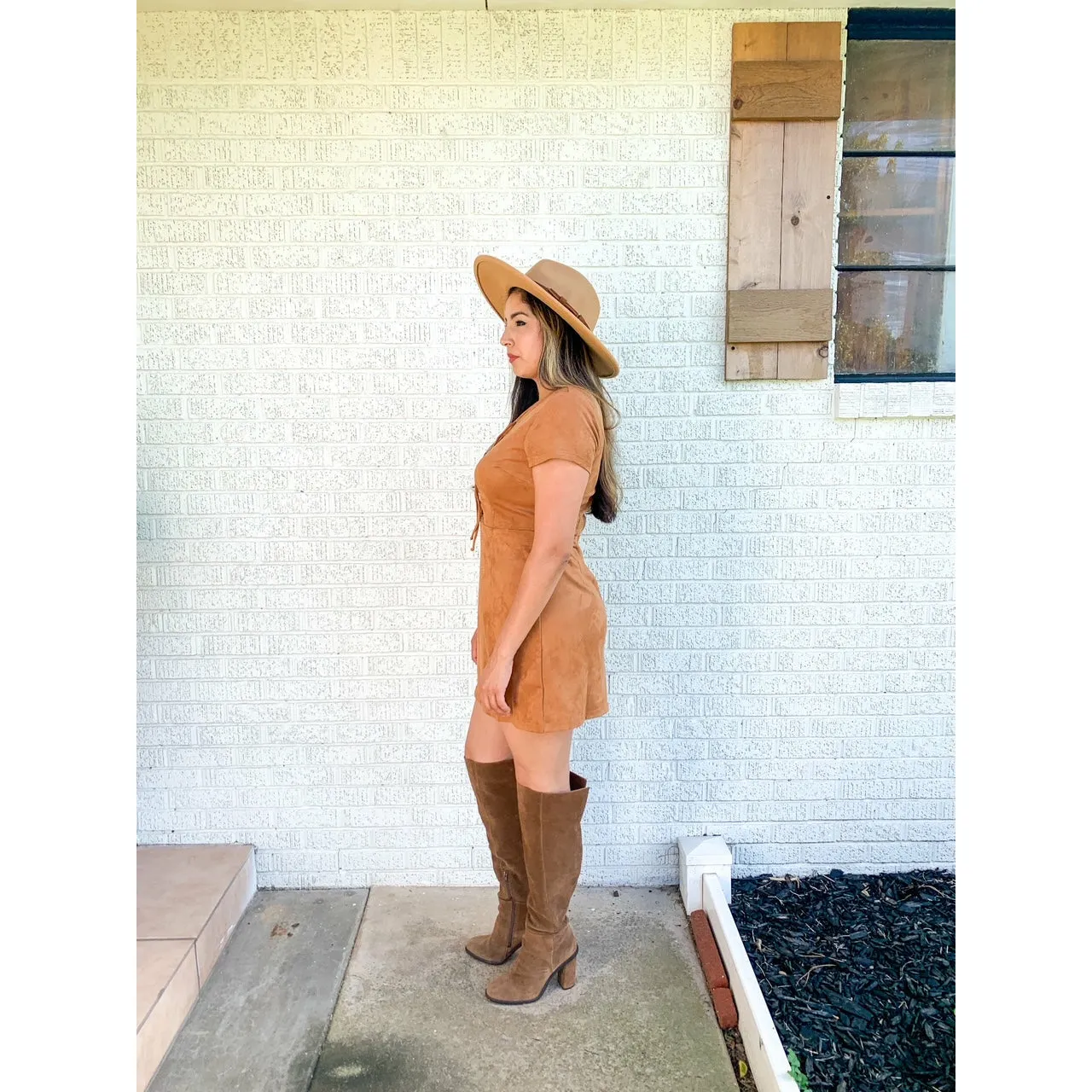 Caramel Sensation Short Sleeve Suede Knit Lace Up Mini Dress - Brown