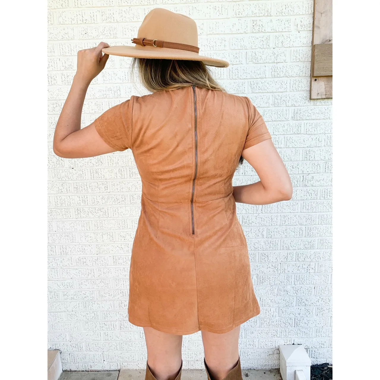 Caramel Sensation Short Sleeve Suede Knit Lace Up Mini Dress - Brown