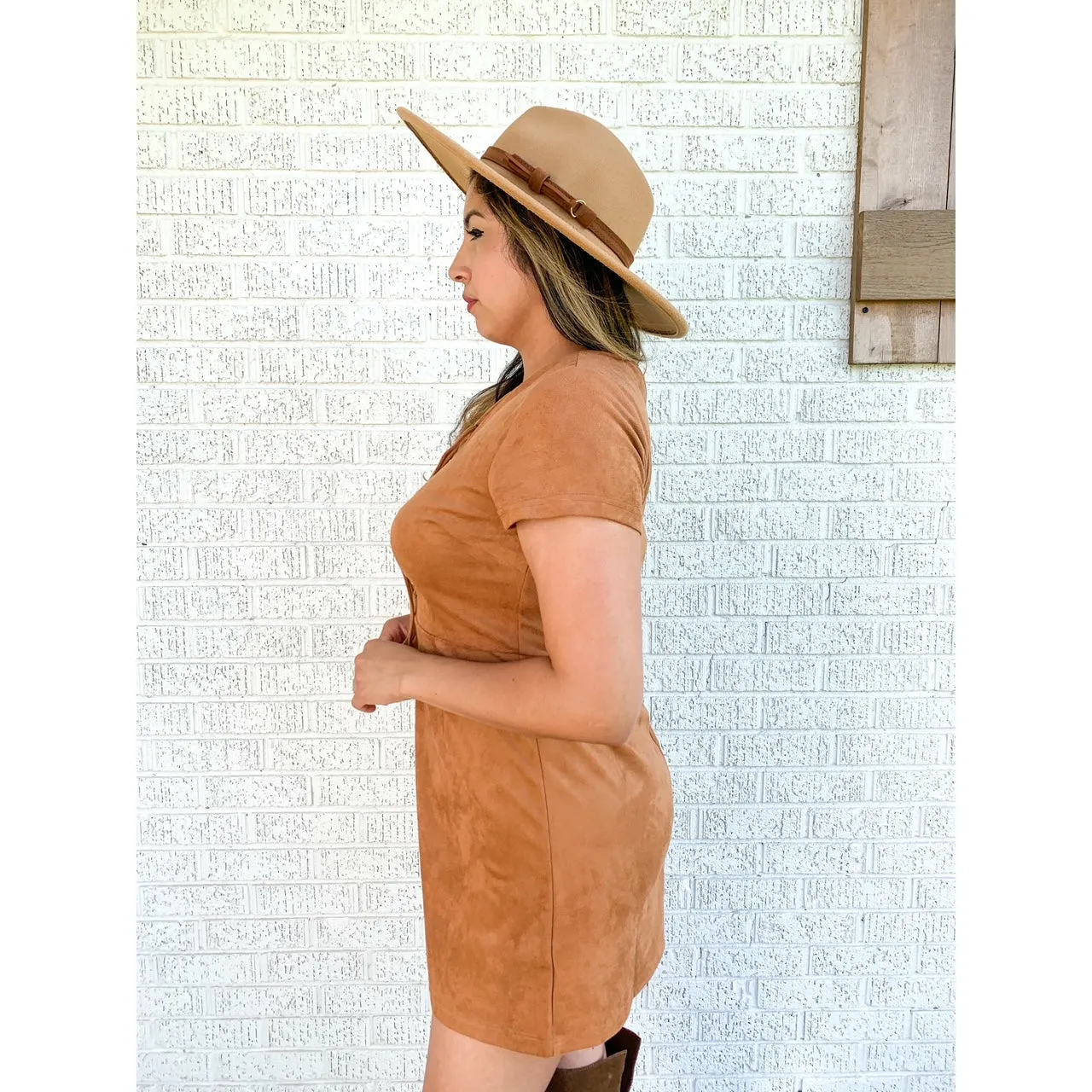 Caramel Sensation Short Sleeve Suede Knit Lace Up Mini Dress - Brown
