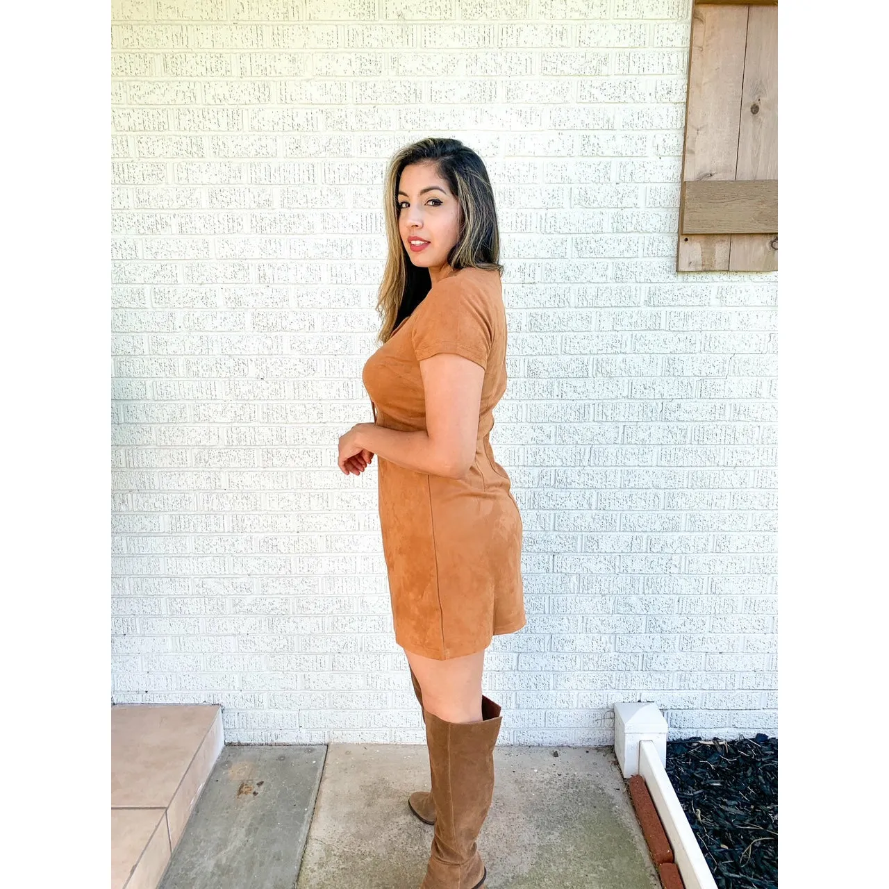 Caramel Sensation Short Sleeve Suede Knit Lace Up Mini Dress - Brown
