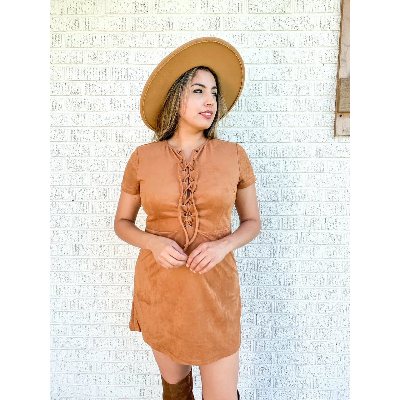 Caramel Sensation Short Sleeve Suede Knit Lace Up Mini Dress - Brown