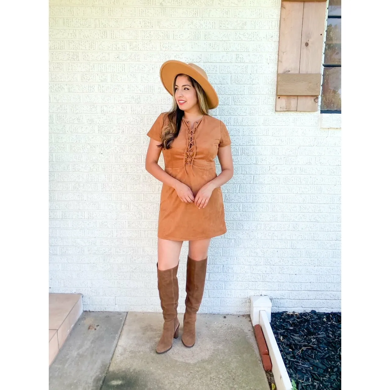 Caramel Sensation Short Sleeve Suede Knit Lace Up Mini Dress - Brown