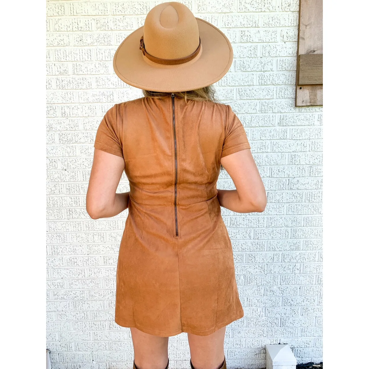 Caramel Sensation Short Sleeve Suede Knit Lace Up Mini Dress - Brown