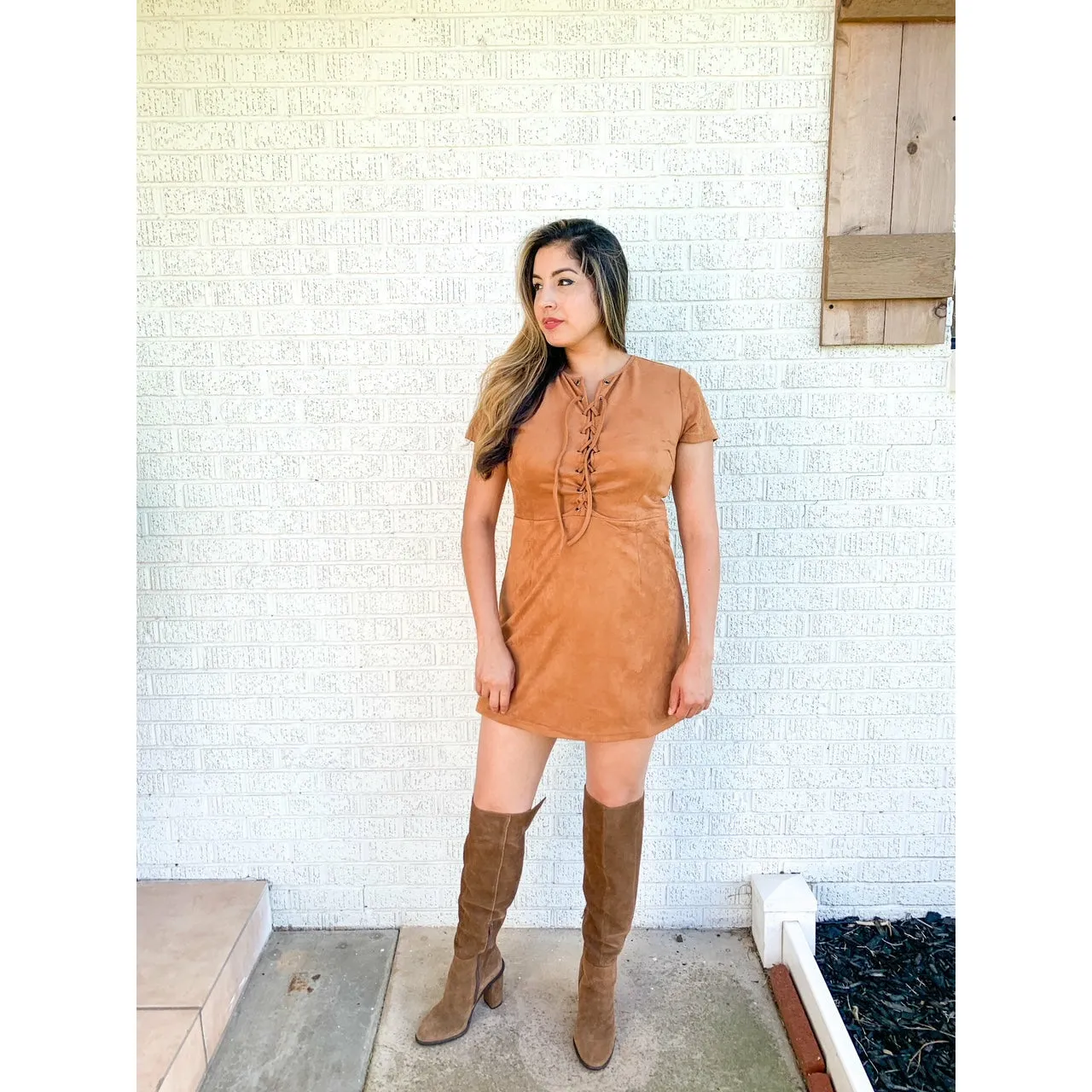 Caramel Sensation Short Sleeve Suede Knit Lace Up Mini Dress - Brown