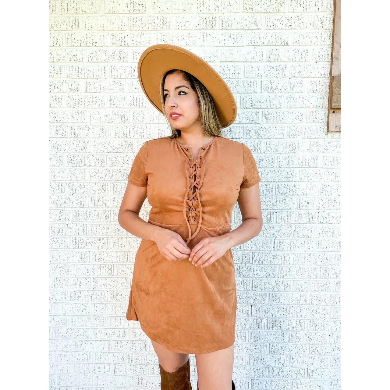 Caramel Sensation Short Sleeve Suede Knit Lace Up Mini Dress - Brown