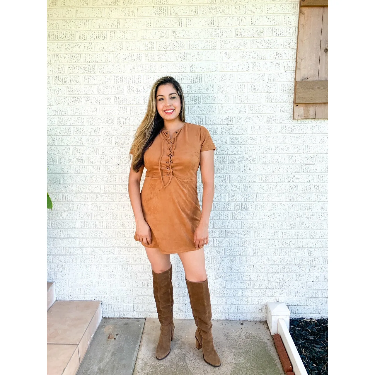 Caramel Sensation Short Sleeve Suede Knit Lace Up Mini Dress - Brown