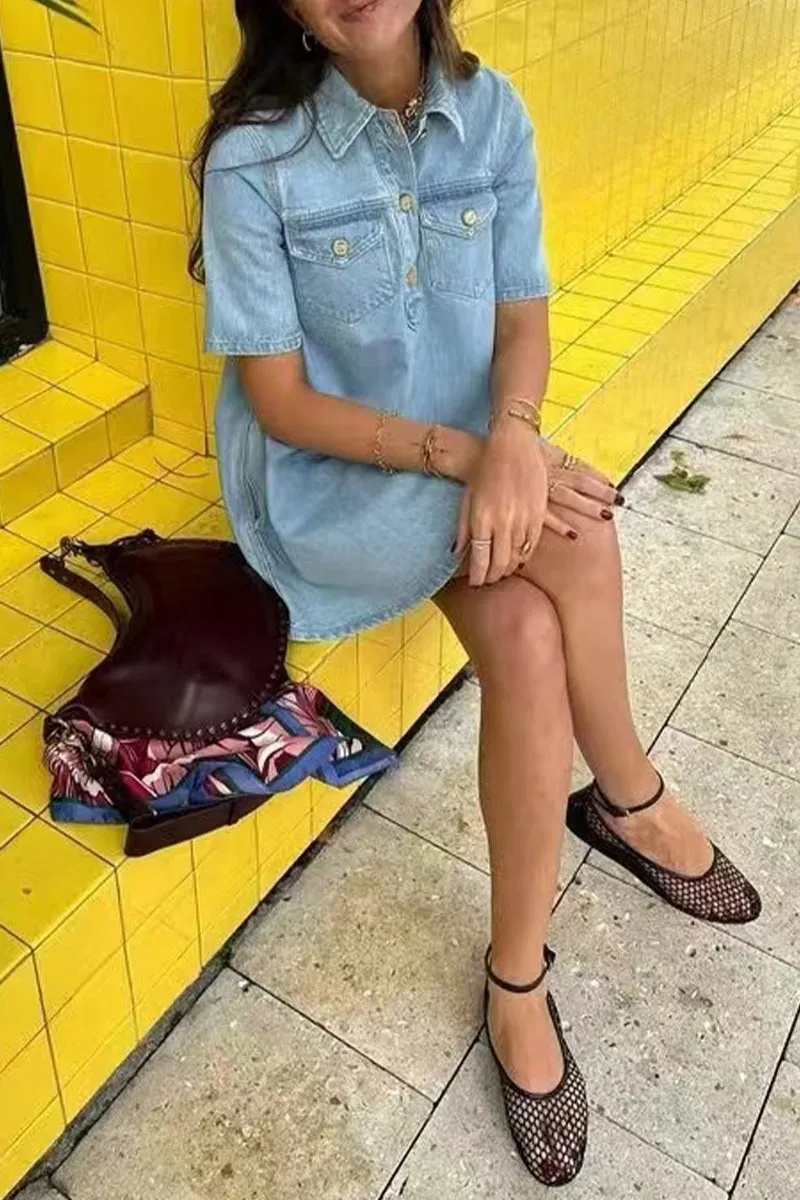 Casual Daily Solid Color Buttons Turndown Collar Short Sleeve Loose Denim Dresses