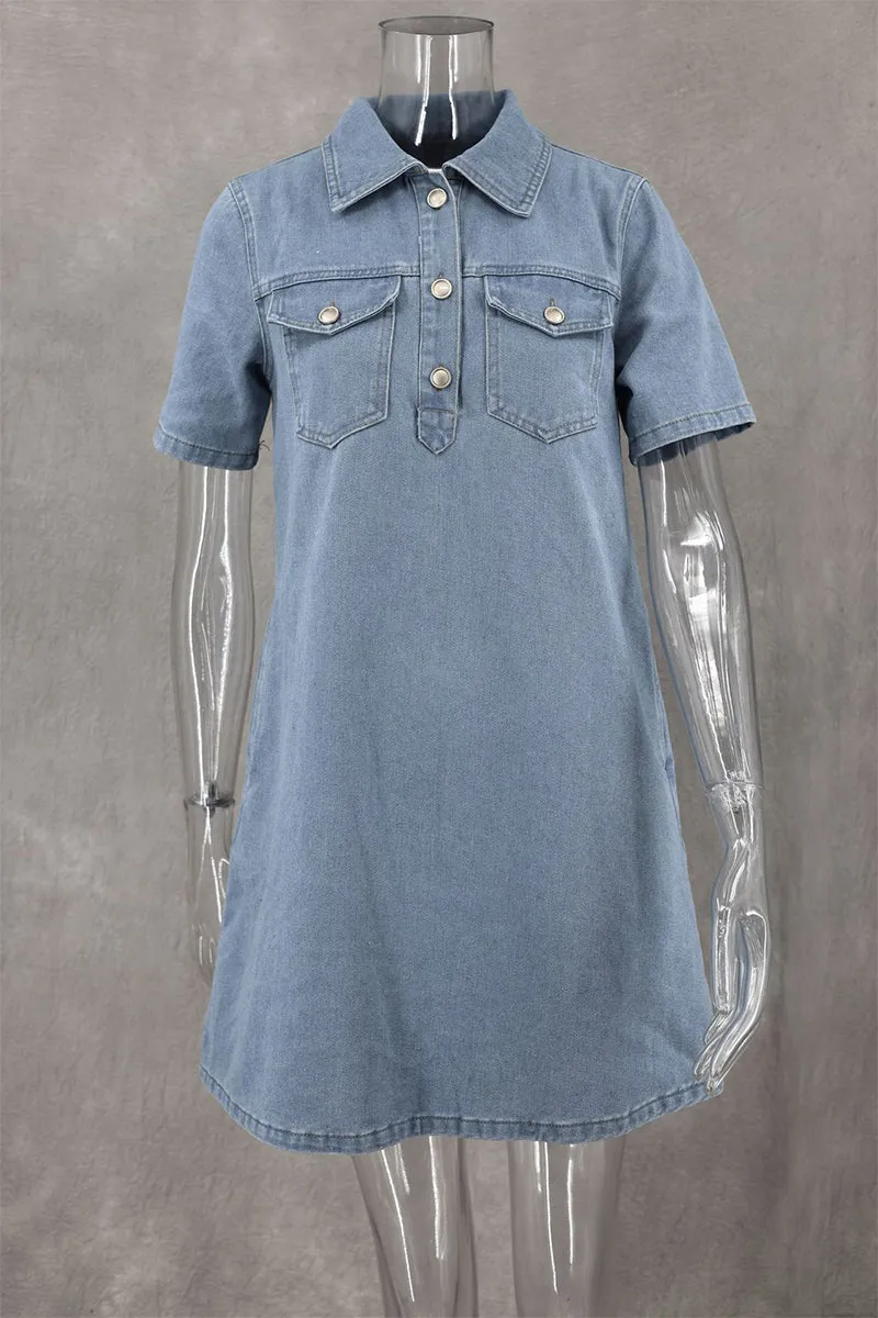 Casual Daily Solid Color Buttons Turndown Collar Short Sleeve Loose Denim Dresses