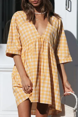Casual Plaid Patchwork V Neck Princess Dresses