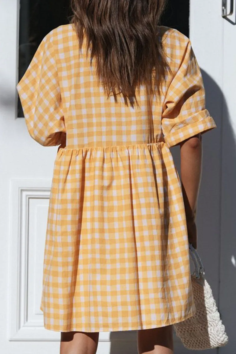 Casual Plaid Patchwork V Neck Princess Dresses