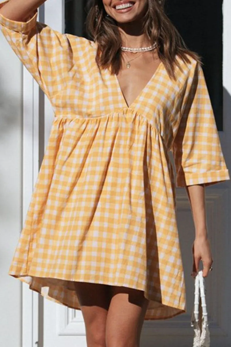 Casual Plaid Patchwork V Neck Princess Dresses