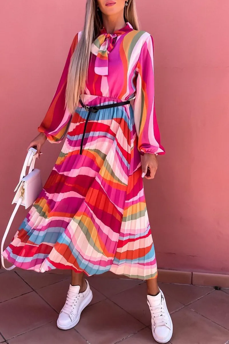 Casual Print Half A Turtleneck Waist Skirt Dresses