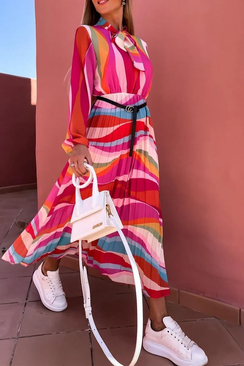 Casual Print Half A Turtleneck Waist Skirt Dresses