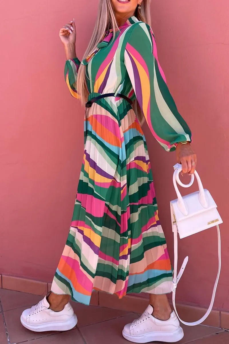 Casual Print Half A Turtleneck Waist Skirt Dresses