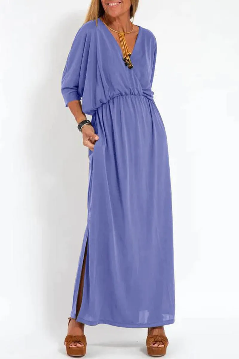 Casual Simplicity Solid Pocket Slit V Neck A Line Dresses