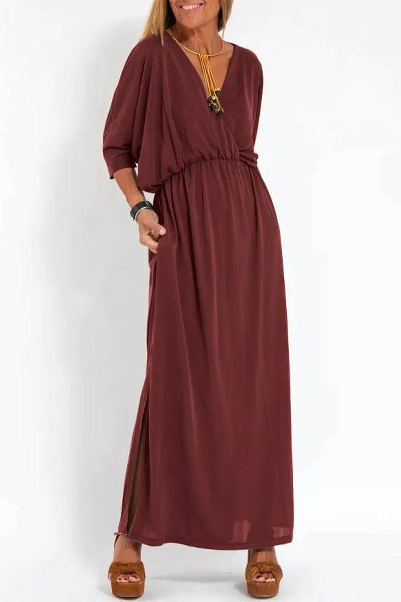 Casual Simplicity Solid Pocket Slit V Neck A Line Dresses