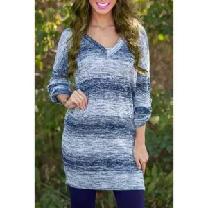 Casual Style V-Neck Long Sleeve Loose-Fitting Striped Women's Sweater Dress - Blue Gray L