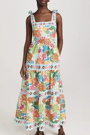 Celebrities Print Backless Strap Design Patchwork Square Neck Long Dresses