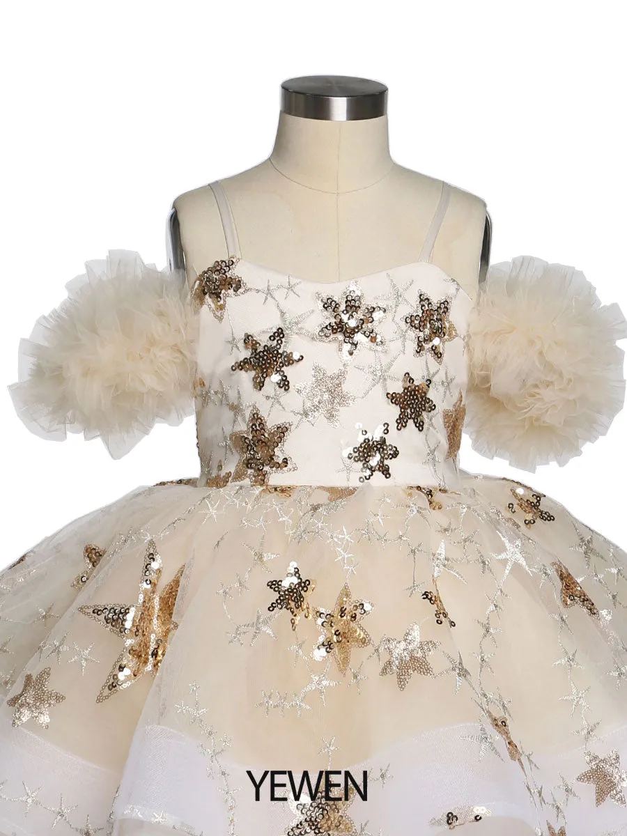 Champagne Star Tulle Flower Girls Party Dresses for Weddings Birthday Children Princess Photo Shoot Dress Tutu Gown YEWEN YW21015