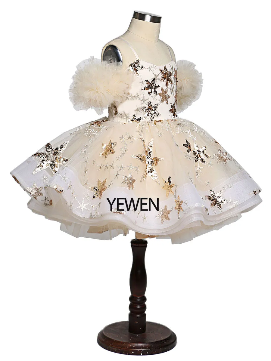 Champagne Star Tulle Flower Girls Party Dresses for Weddings Birthday Children Princess Photo Shoot Dress Tutu Gown YEWEN YW21015