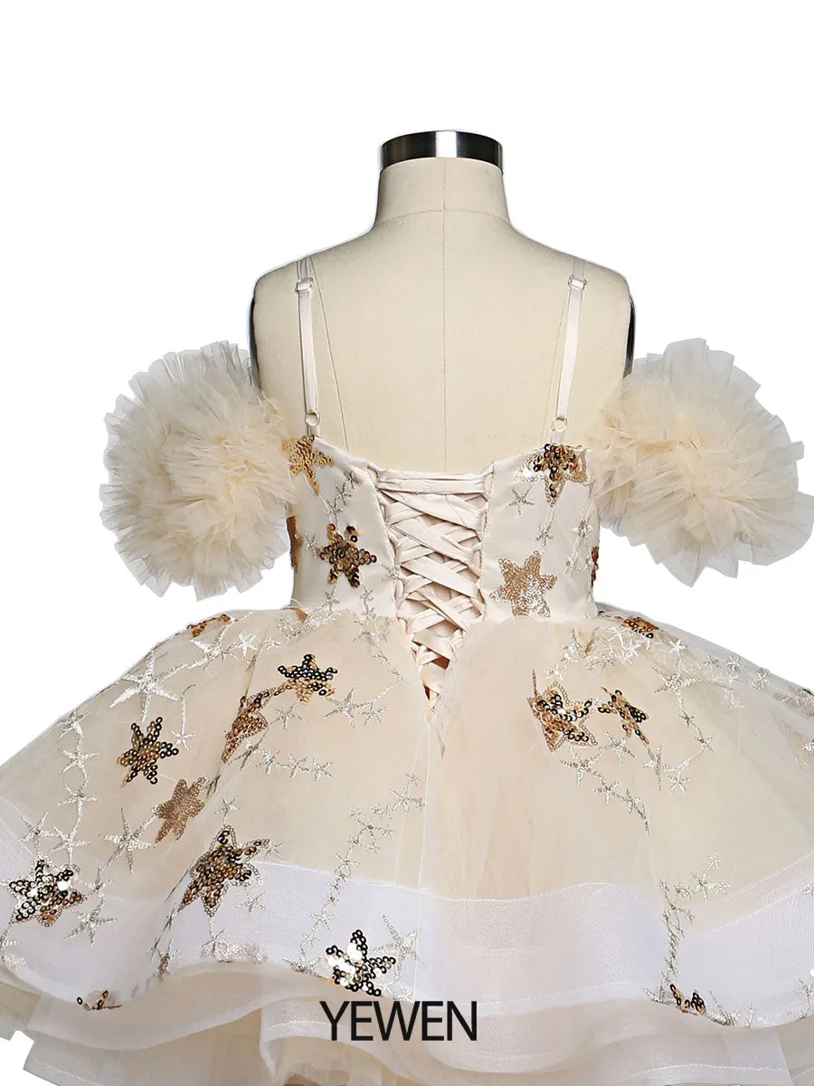 Champagne Star Tulle Flower Girls Party Dresses for Weddings Birthday Children Princess Photo Shoot Dress Tutu Gown YEWEN YW21015