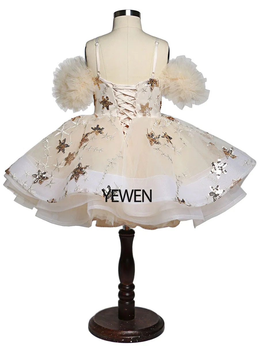 Champagne Star Tulle Flower Girls Party Dresses for Weddings Birthday Children Princess Photo Shoot Dress Tutu Gown YEWEN YW21015