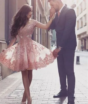 Charming A Line Off Shoulder Lace Short Pink Prom Dresses, Pink Homecoming Dresses