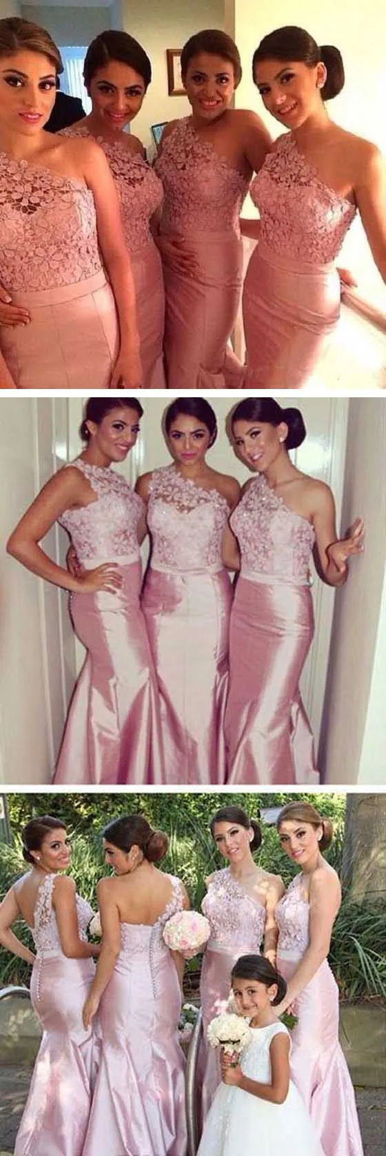 Charming One Shoulder Top Lace Mermaid Sexy Pink Bridesmaid Dresses, BG51073