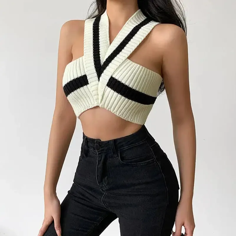 Chic Y2K Striped Full Zip Jacket with Halter Cut