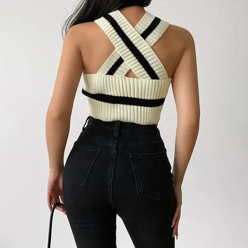 Chic Y2K Striped Full Zip Jacket with Halter Cut