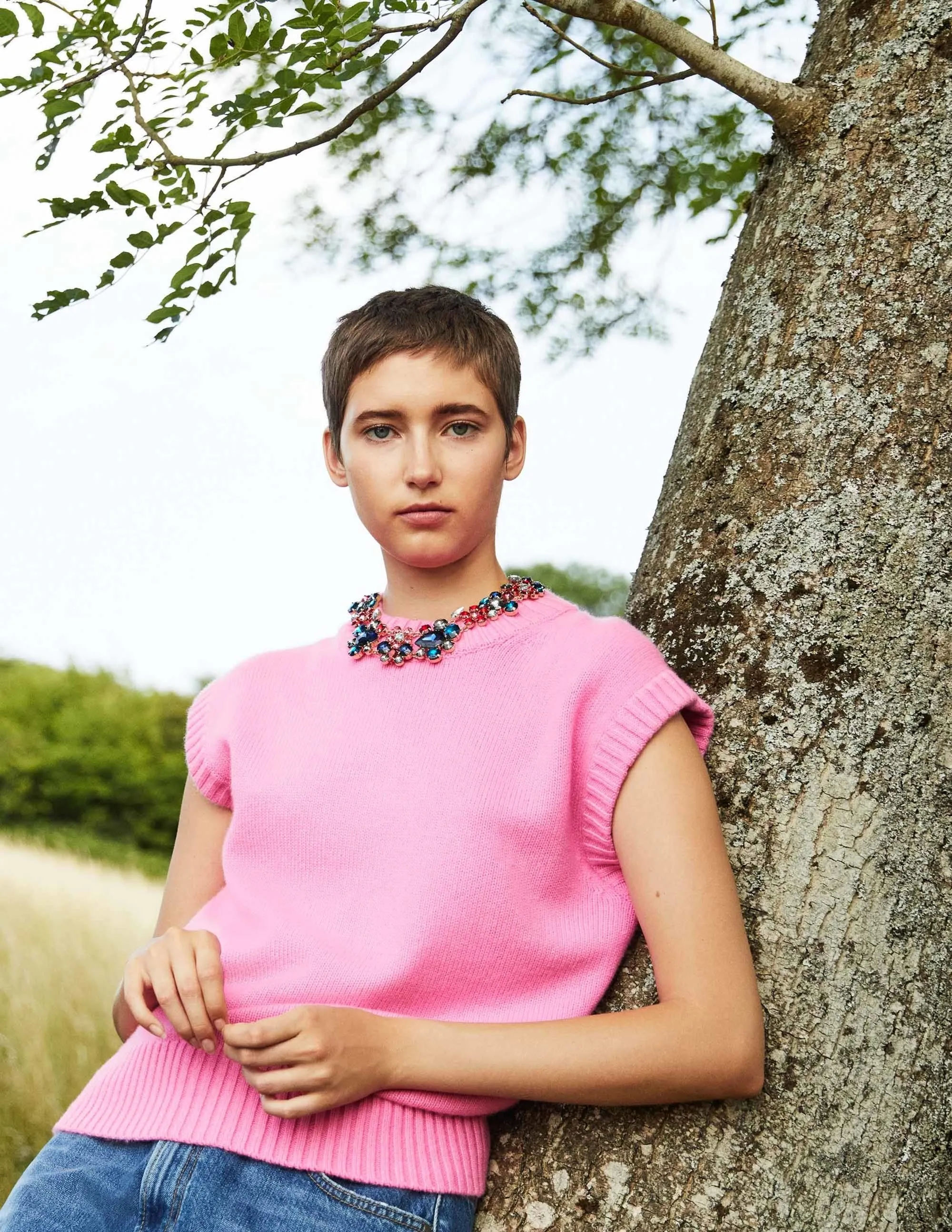 Chunky Cashmere Crew Neck Tank-Cherry Blossom Melange