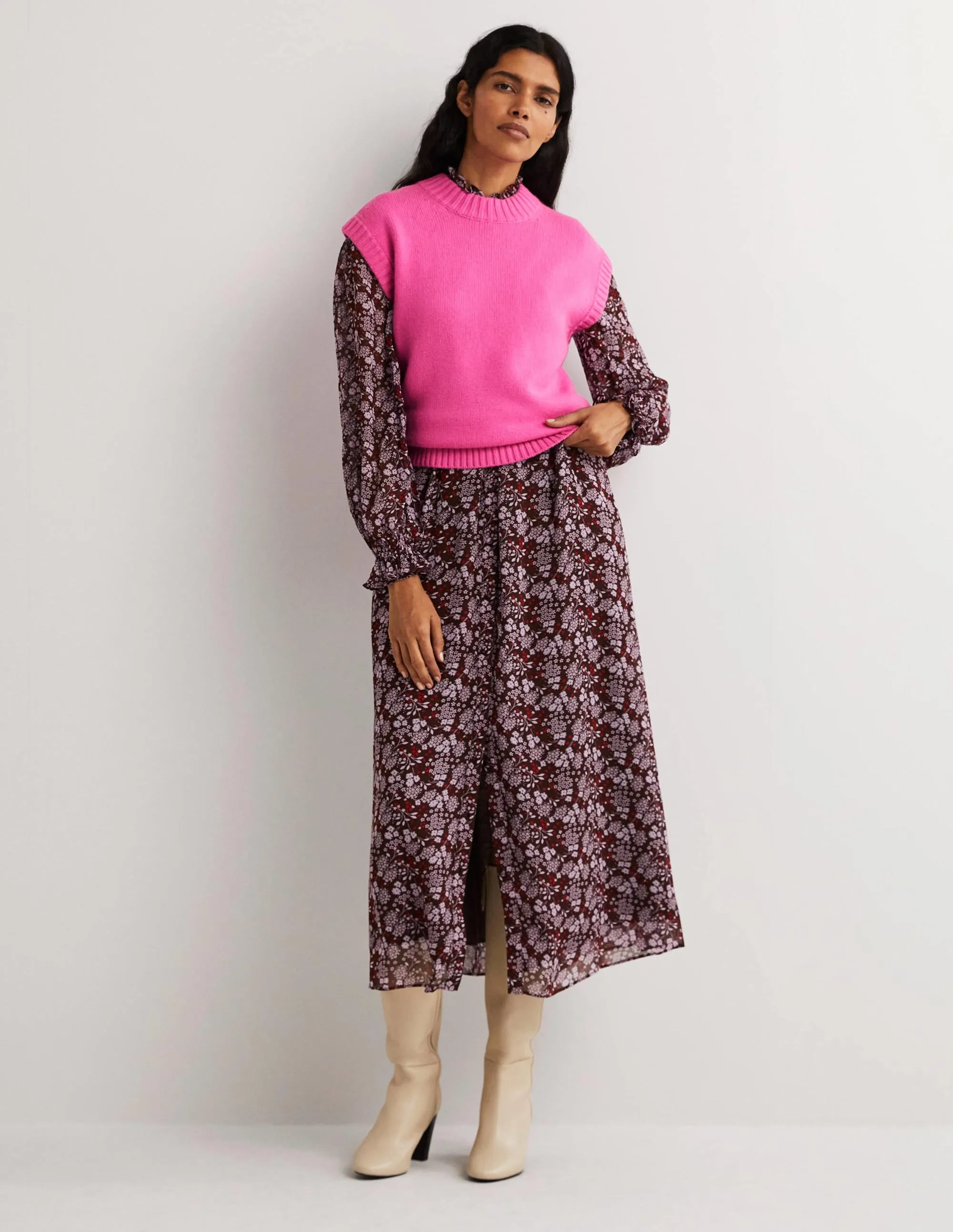 Chunky Cashmere Crew Neck Tank-Cherry Blossom Melange