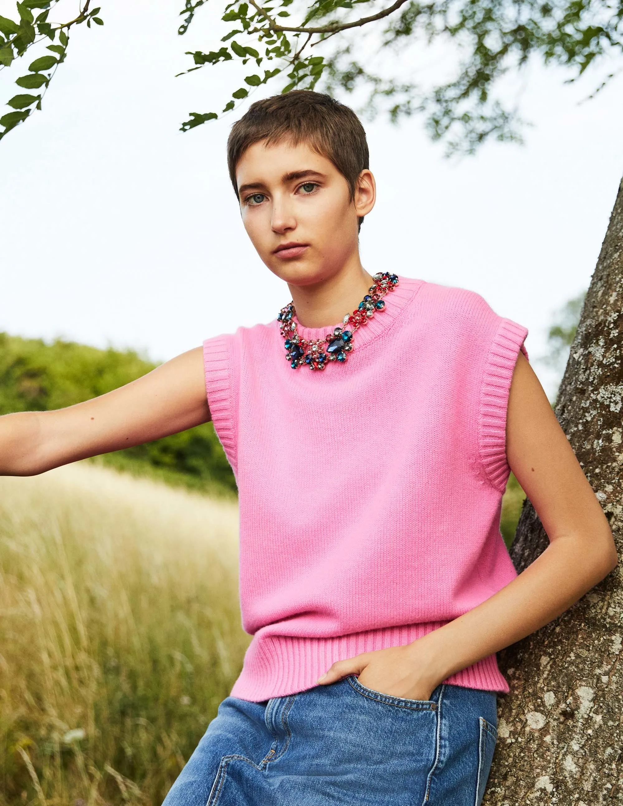 Chunky Cashmere Crew Neck Tank-Cherry Blossom Melange