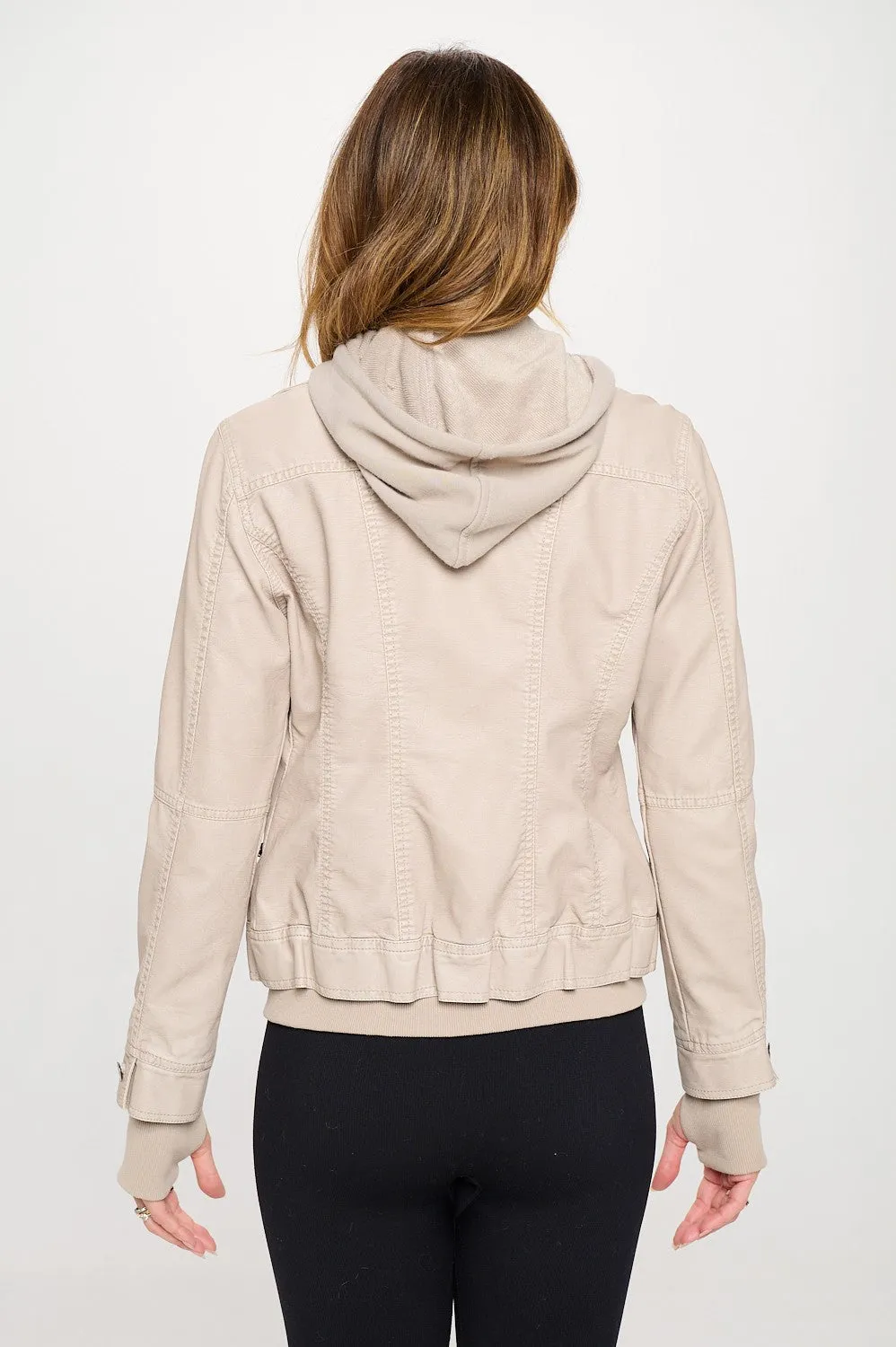 Classic Vegan Leather Bomber Jacket - Cream