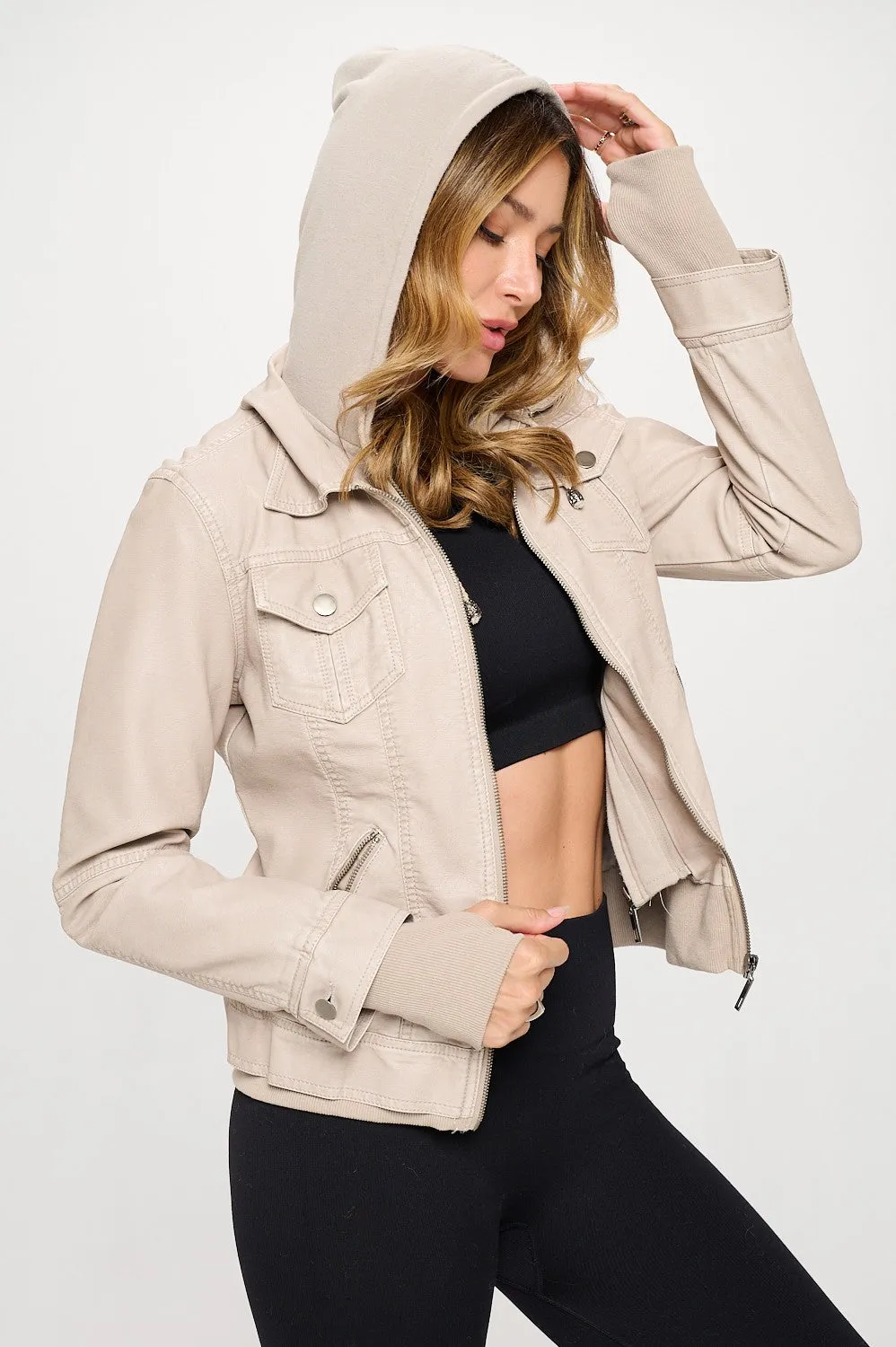 Classic Vegan Leather Bomber Jacket - Cream