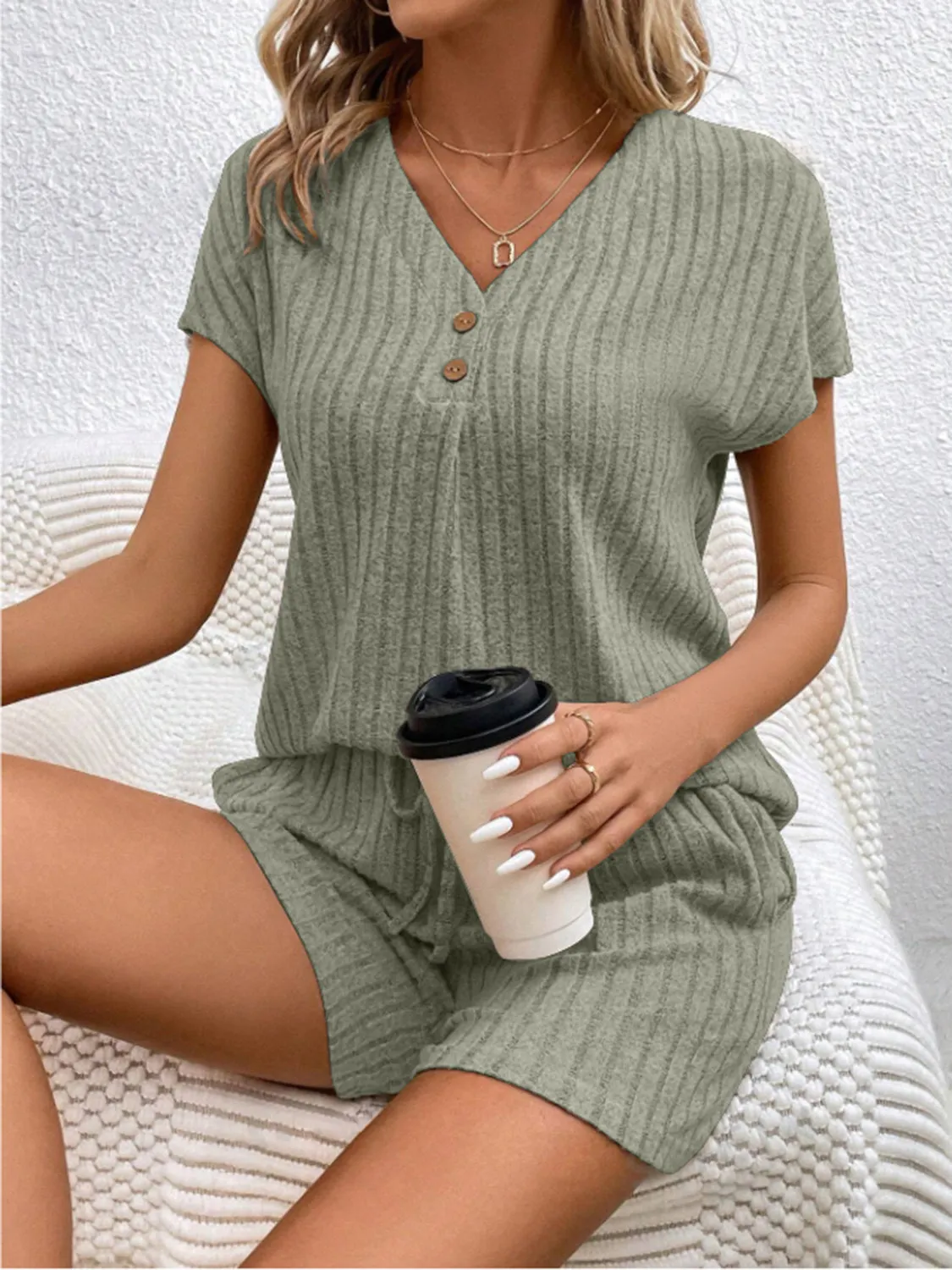 Clayton Ribbed V-Neck Top and Shorts Set