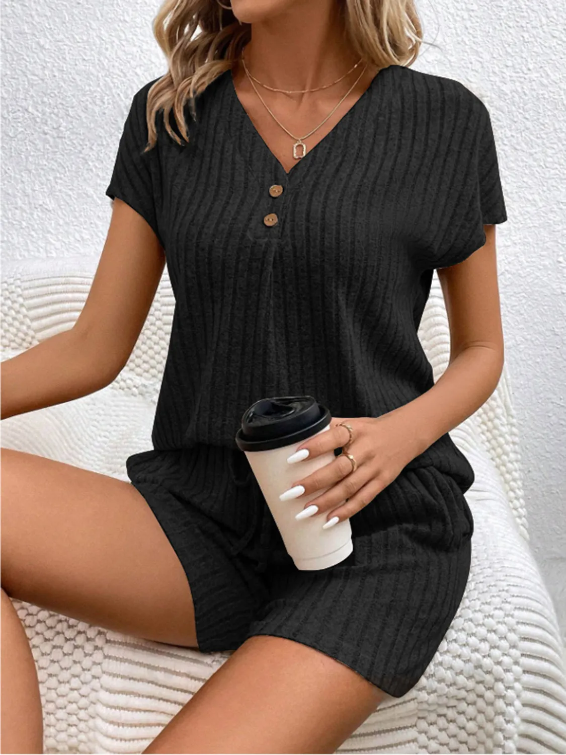 Clayton Ribbed V-Neck Top and Shorts Set