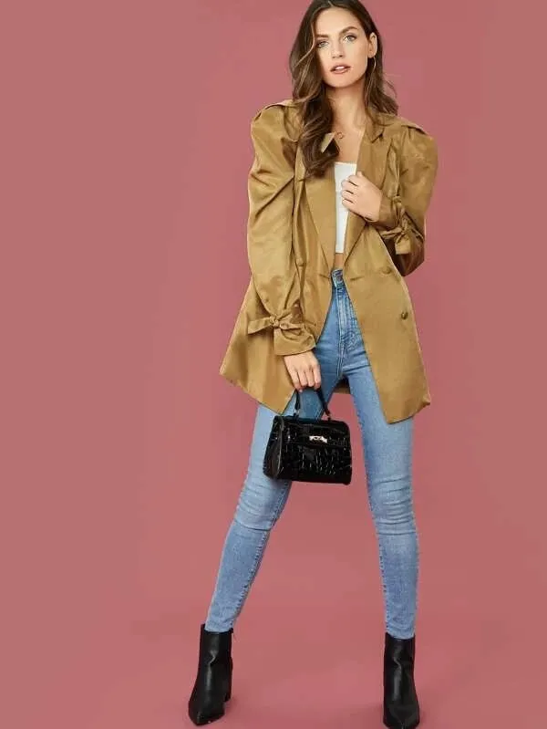 CM-CS017245 Women Elegant Seoul Style Notched Collar Long Sleeve Knot Cuff Belted Silky Blazer