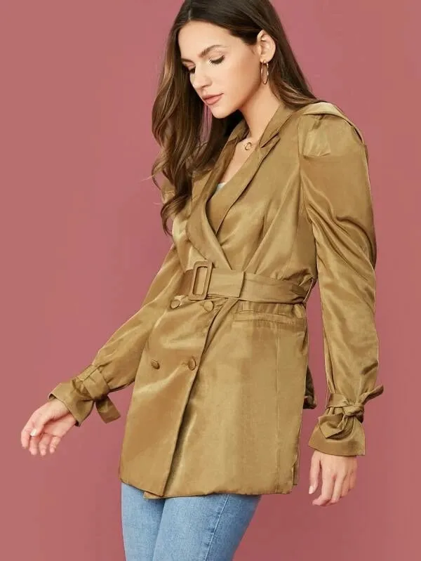CM-CS017245 Women Elegant Seoul Style Notched Collar Long Sleeve Knot Cuff Belted Silky Blazer