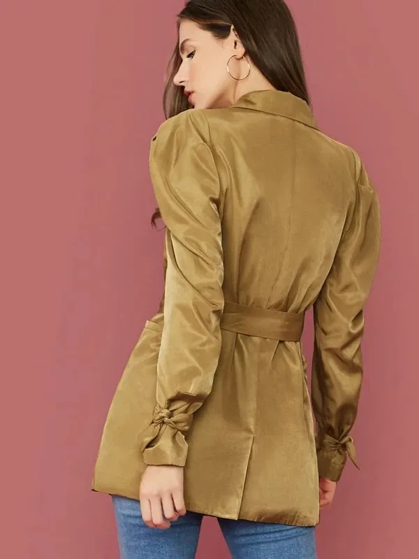CM-CS017245 Women Elegant Seoul Style Notched Collar Long Sleeve Knot Cuff Belted Silky Blazer