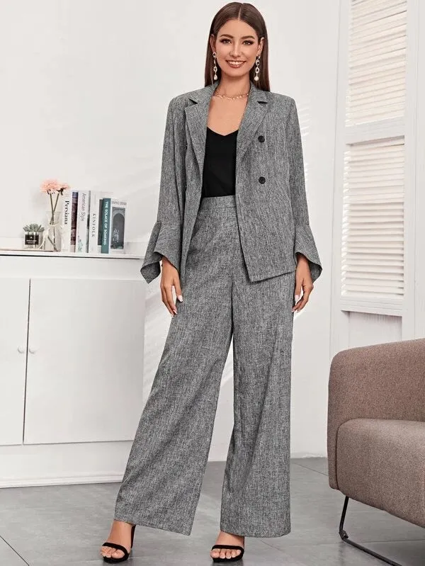 CM-CS118357 Women Elegant Seoul Style Notched Collar Bell Sleeve Linen Look Belted Blazer - Gray