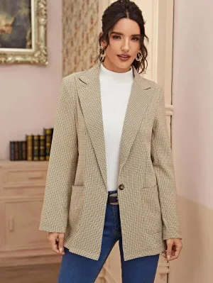 CM-CS119323 Women Elegant Seoul Style Long Sleeve Plaid Lapel Neck Dual Pocket Blazer - Khaki