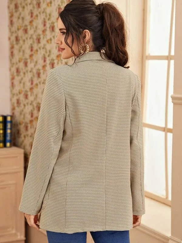 CM-CS119323 Women Elegant Seoul Style Long Sleeve Plaid Lapel Neck Dual Pocket Blazer - Khaki